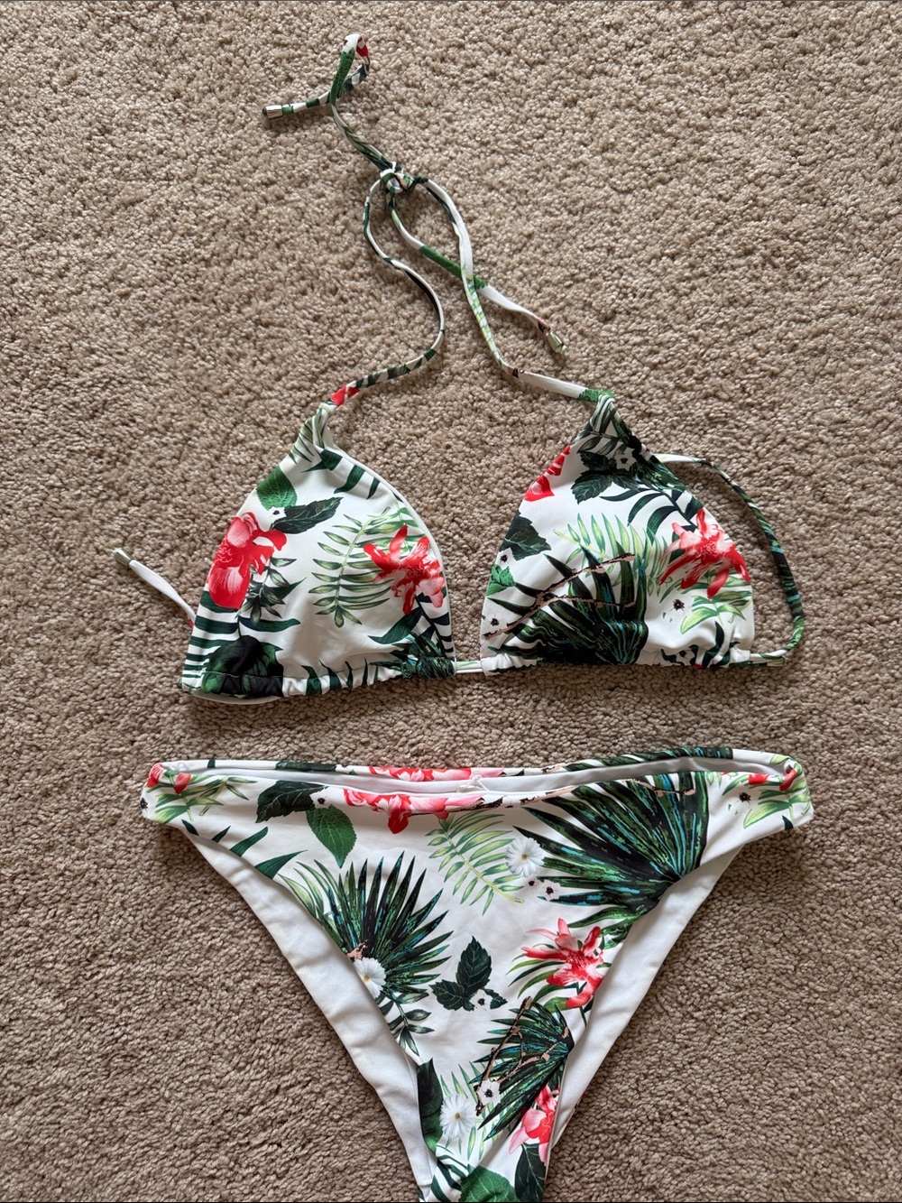 Tropical Floral Triangle Bikini Set - White, Green & Coral